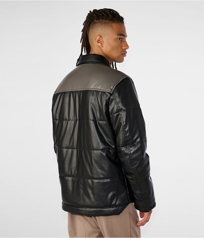 Men's Black & Gray Leather Puffer Jacket with Removable Shearling Collar