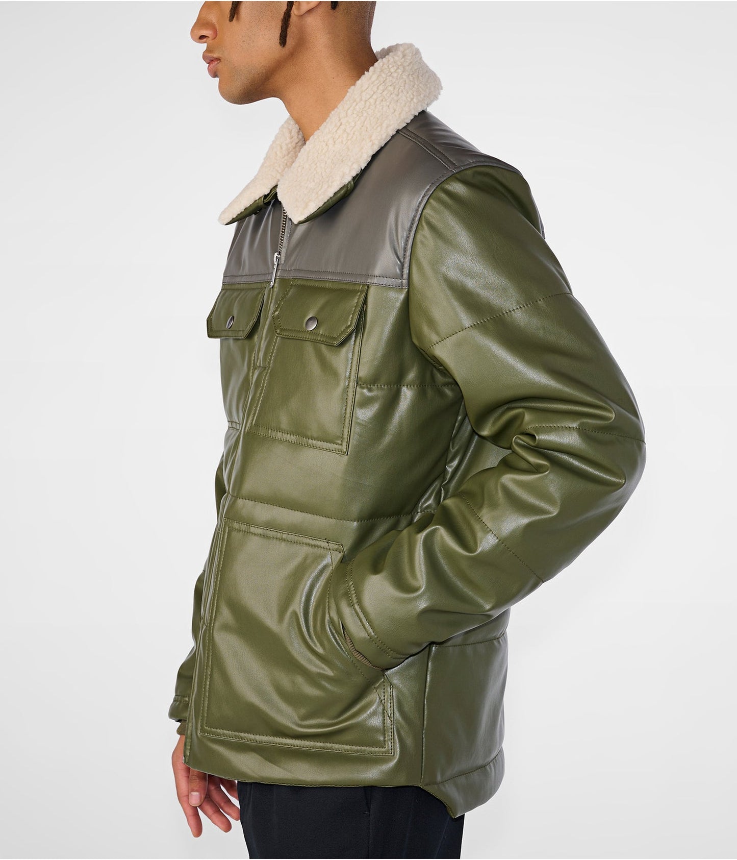 Men's Premium Leather Puffer Jacket with Removable Shearling Collar