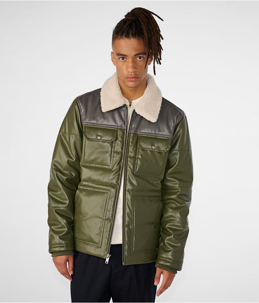 Men's Premium Leather Puffer Jacket with Removable Shearling Collar