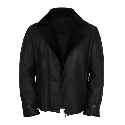 Men’s Luxury Double Aviator Black Shearling Leather Jacket