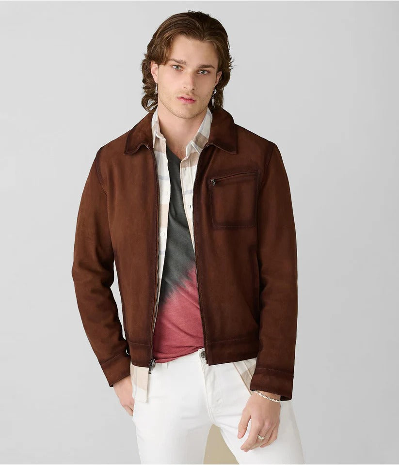 Men's Dark Brown Suede Leather Jacket Timeless Style & Durability