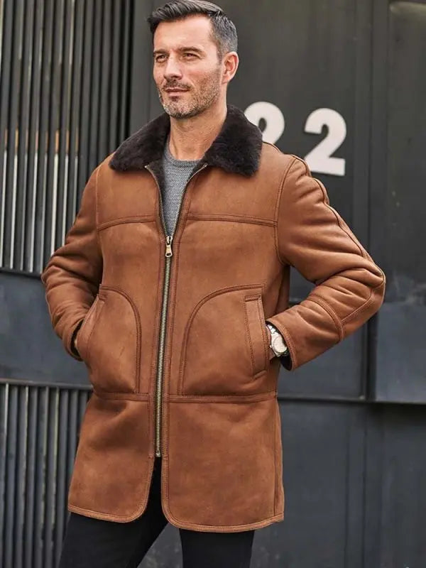 Men's Brown Leather Shearling Coat