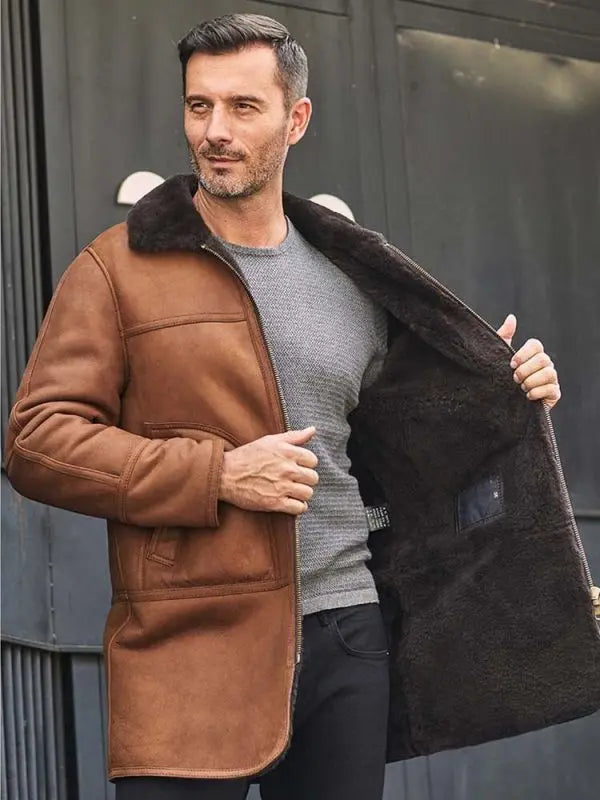 Men's Brown Leather Shearling Coat