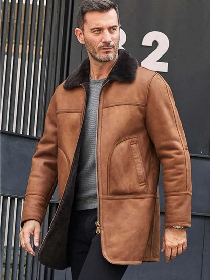 Men's Brown Leather Shearling Coat