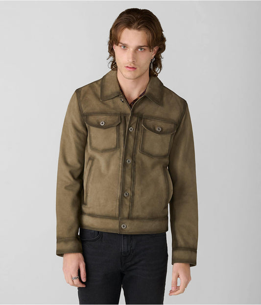 Men's Olive Green Suede Leather Trucker Jacket by Avanzar