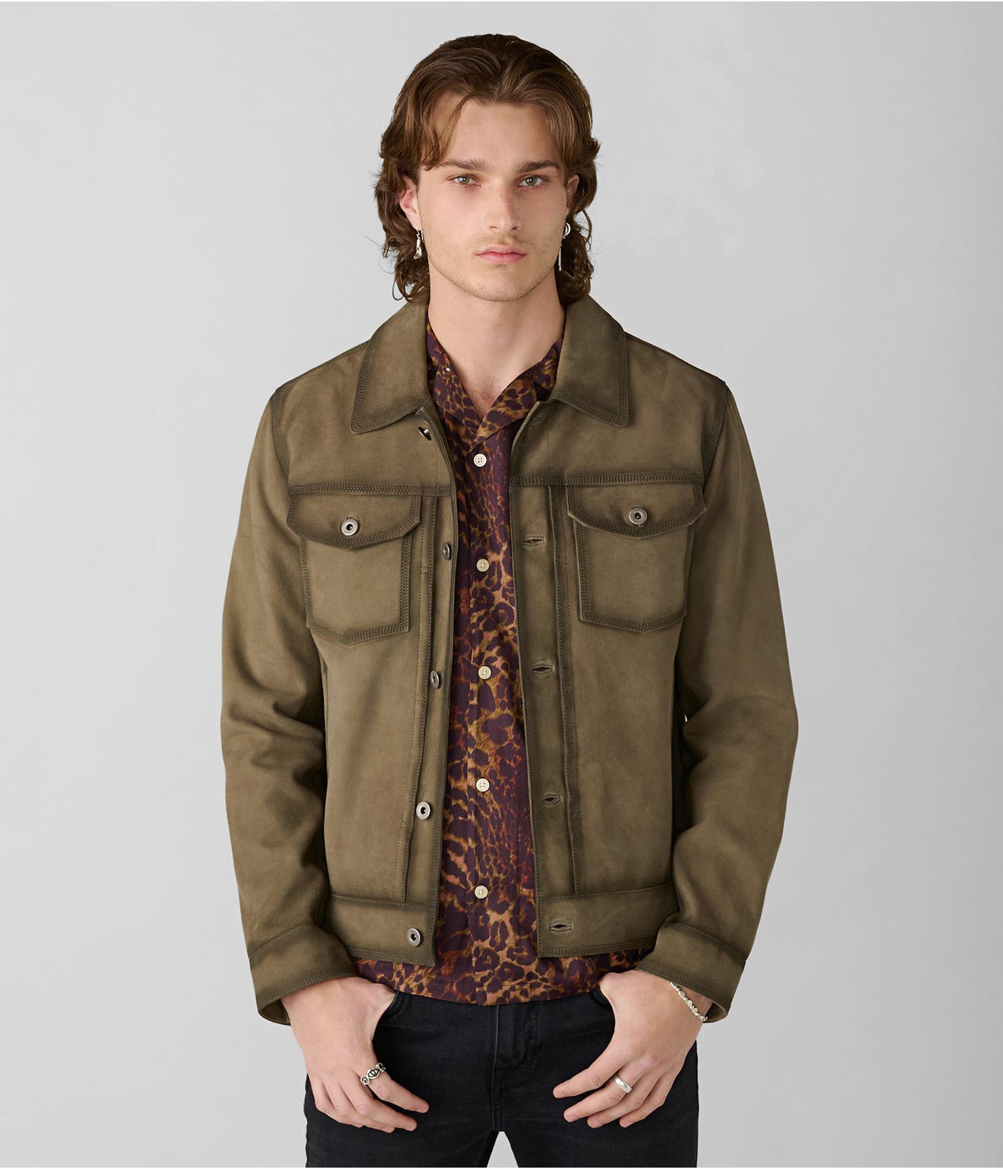 Men's Olive Green Suede Leather Trucker Jacket by Avanzar