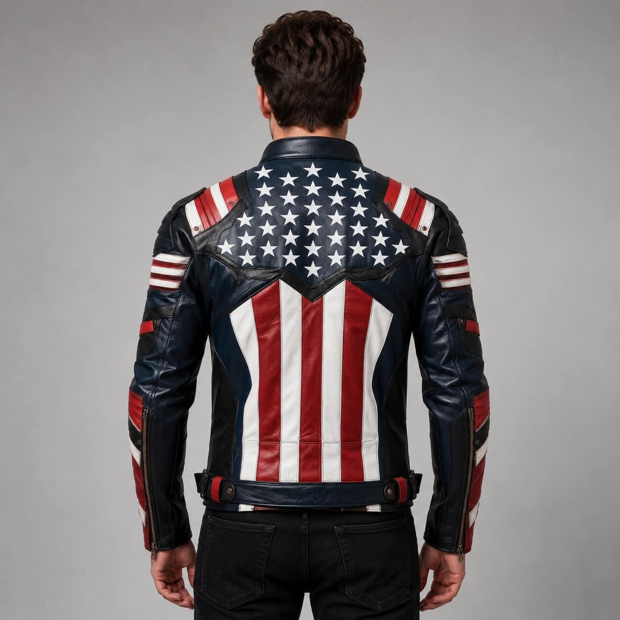 Back view showing stitched USA flag design on leather jacket by avanzar leather