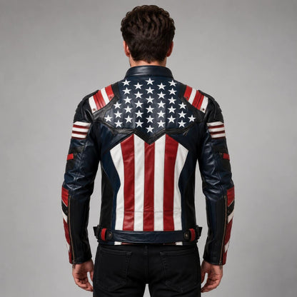 Back view showing stitched USA flag design on leather jacket by avanzar leather