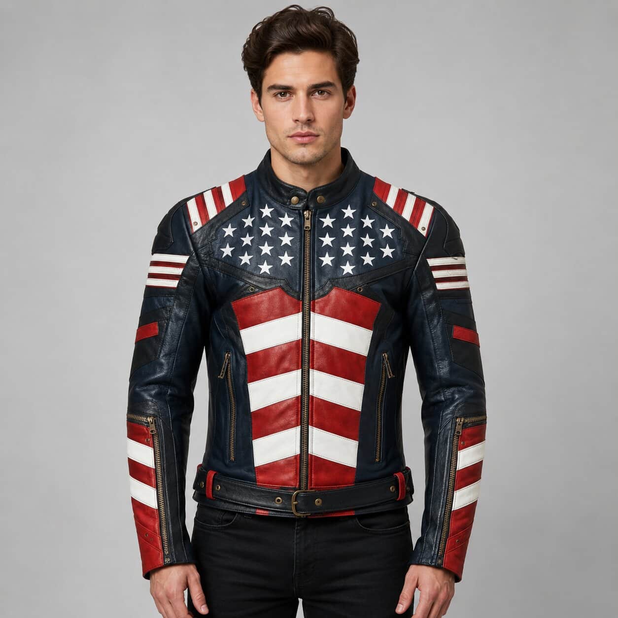 Men's American Flag Genuine Leather Motorcycle Jacket front view by avanzar leather