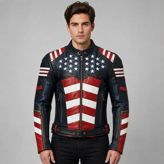 Men's American Flag Genuine Leather Motorcycle Jacket front view by avanzar leather