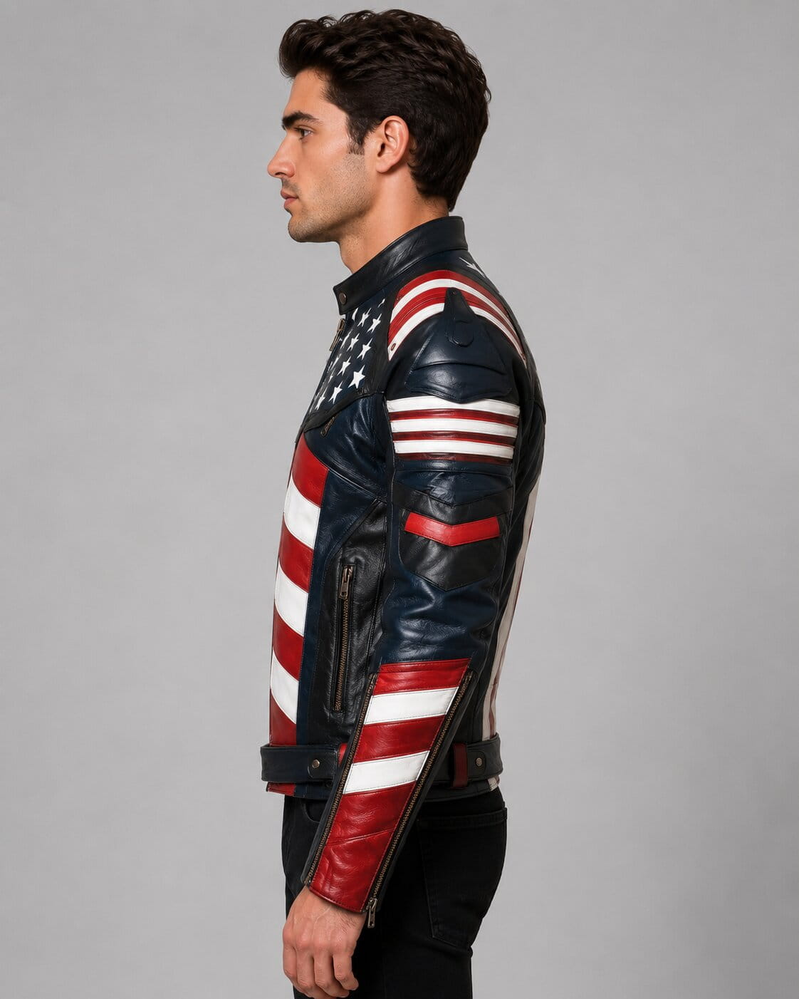 Side profile of genuine leather American flag motorcycle jacket by avanzar leather