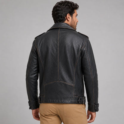 Men's Asymmetrical Leather Biker Jacket - Bold Modern Design back view by avanzar leather