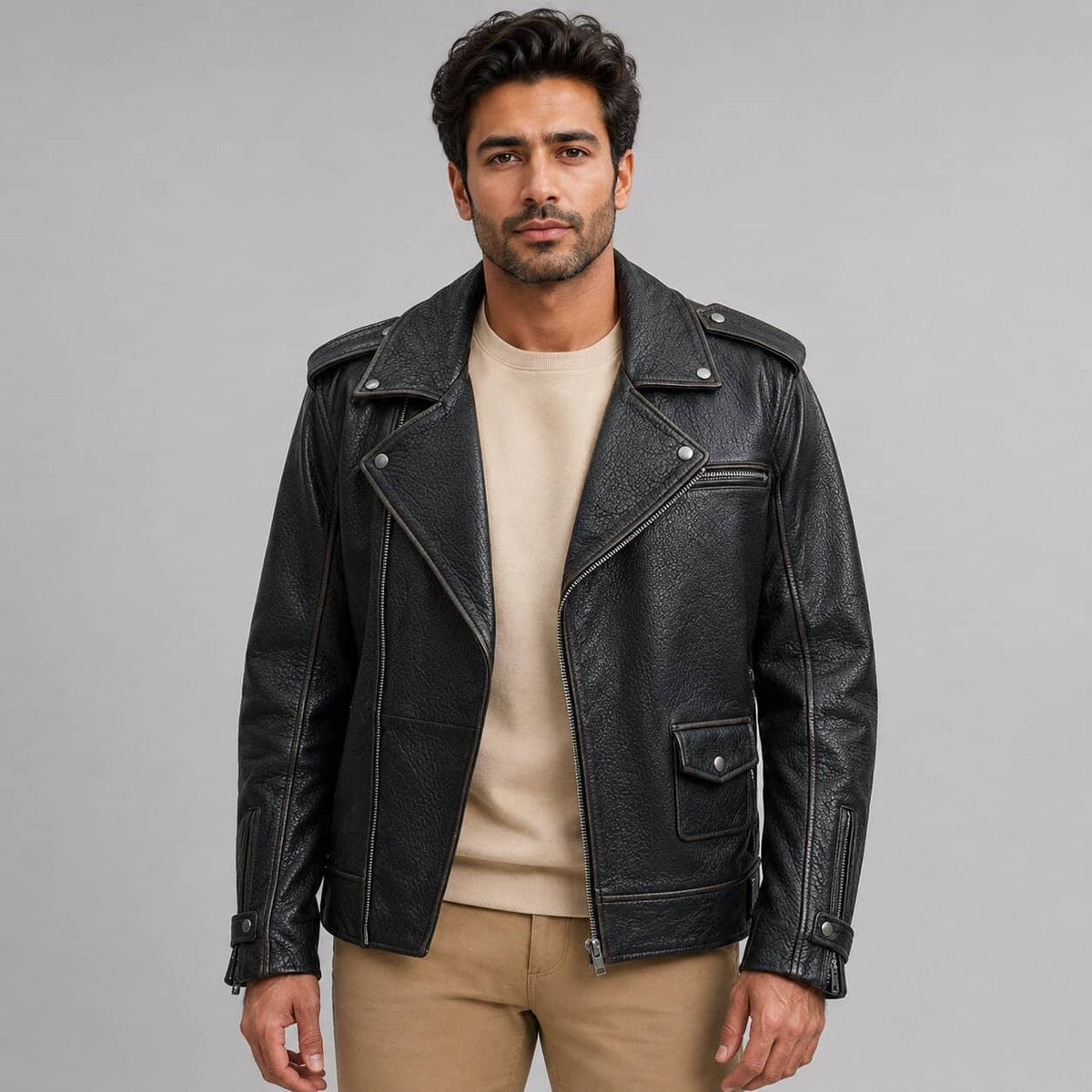Men's Asymmetrical Leather Biker Jacket - Bold Modern Design front view by avanzar leather
