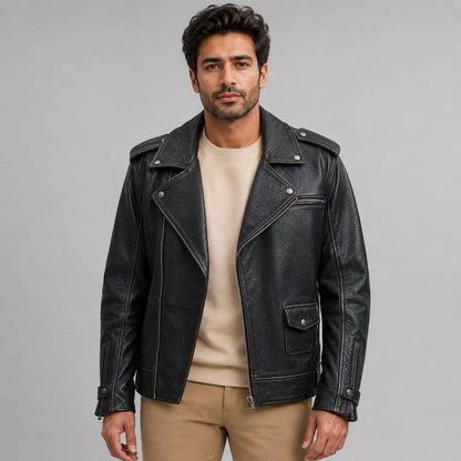 Men's Asymmetrical Leather Biker Jacket - Bold Modern Design front view by avanzar leather