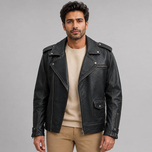 Men's Asymmetrical Leather Biker Jacket - Bold Modern Design front view by avanzar leather