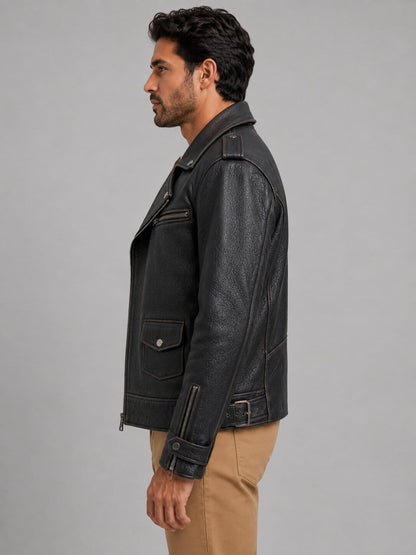 Men's Asymmetrical Leather Biker Jacket - Bold Modern Design sid view by avanzar leather