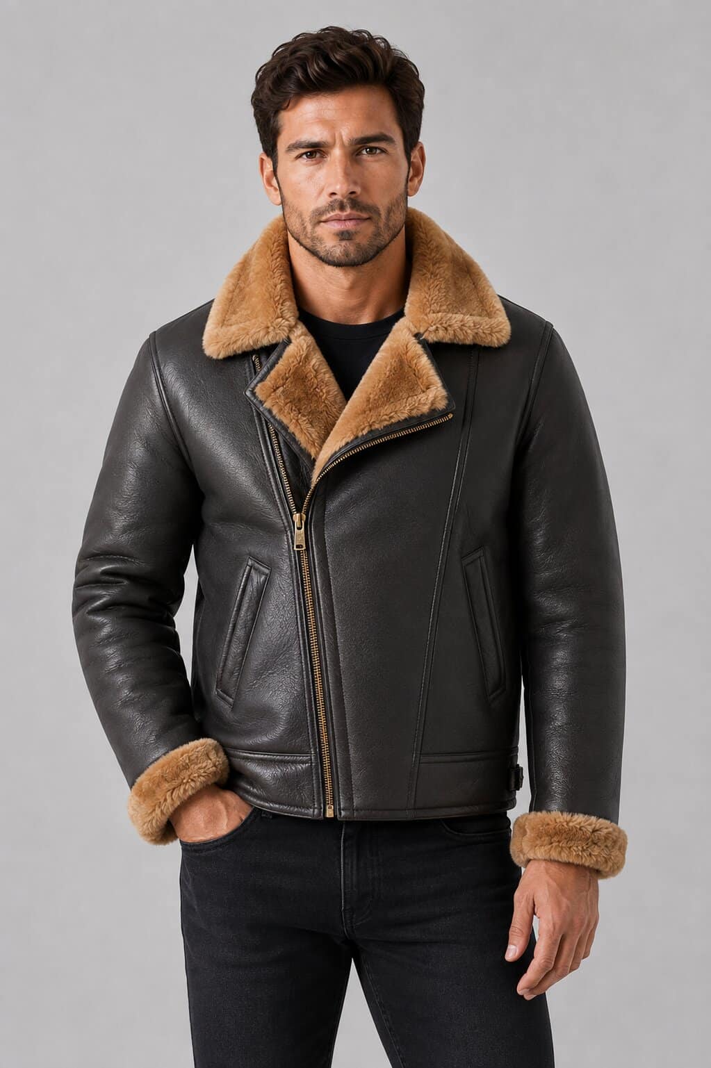 Men's B3 Shearling Bomber Leather Jacket - Classic Aviator Style front view by avanzar leather