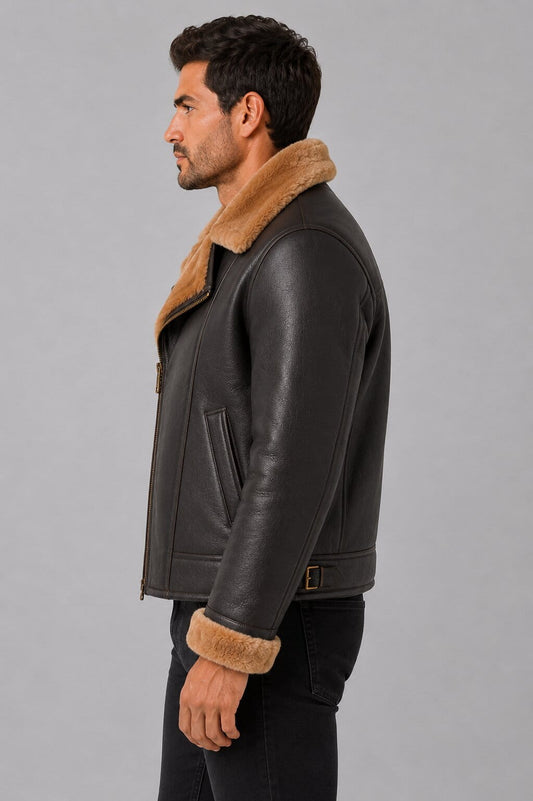 Men's B3 Shearling Bomber Leather Jacket - Classic Aviator Style sid view by avanzar leather