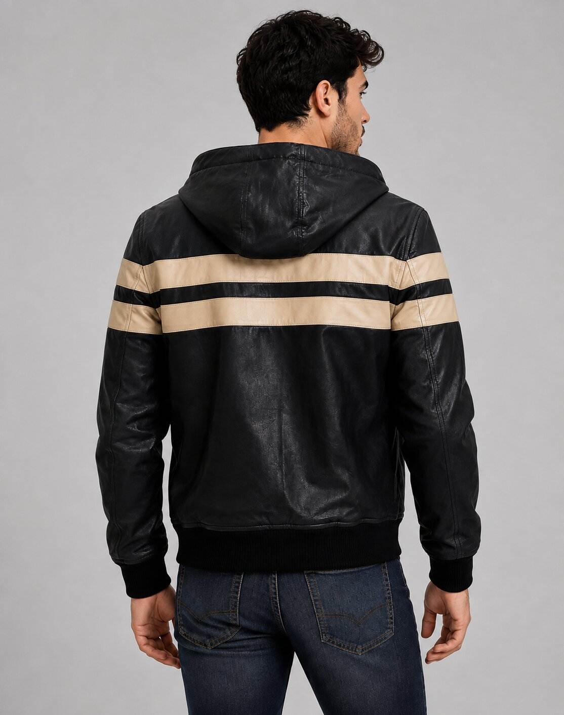 Men's Black & Beige Leather Hooded Jacket | Two-Tone Leather Jacket back view by avanzar leather
