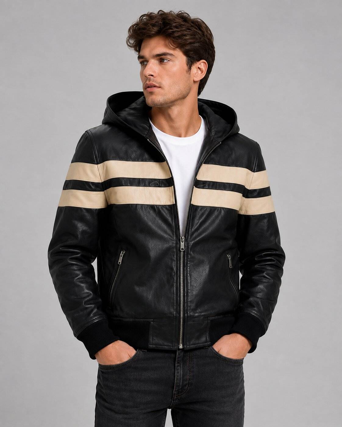 Men's Black & Beige Leather Hooded Jacket | Two-Tone Leather Jacket front view by avanzar leather