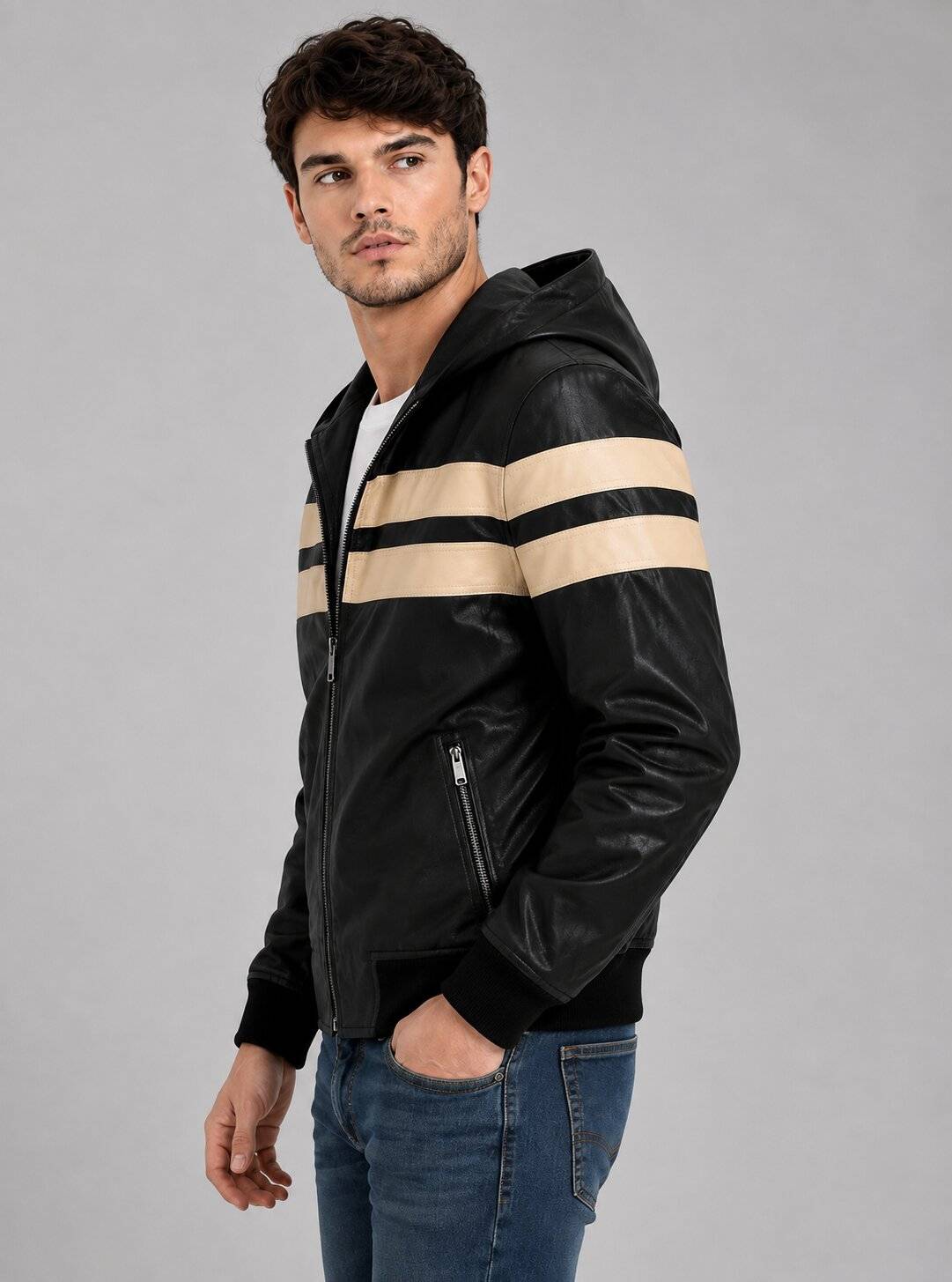 Men's Black & Beige Leather Hooded Jacket | Two-Tone Leather Jacket sid view by avanzar leather