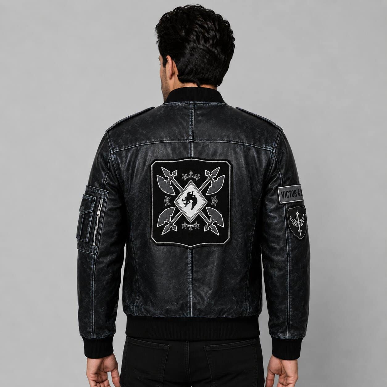 Men's Black Distressed Leather Bomber Jacket with Military Patch Flight Style by avanzar leather