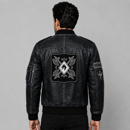 Men's Black Distressed Leather Bomber Jacket with Military Patch Flight Style by avanzar leather