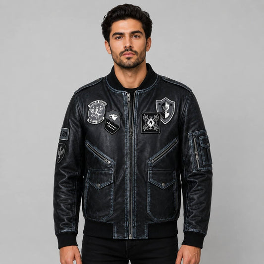 Men's Black Distressed Leather Bomber Jacket with Military Patch Flight Style by avanzar leather