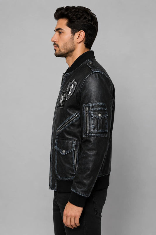 Men's Black Distressed Leather Bomber Jacket with Military Patch Flight Style by avanzar leather