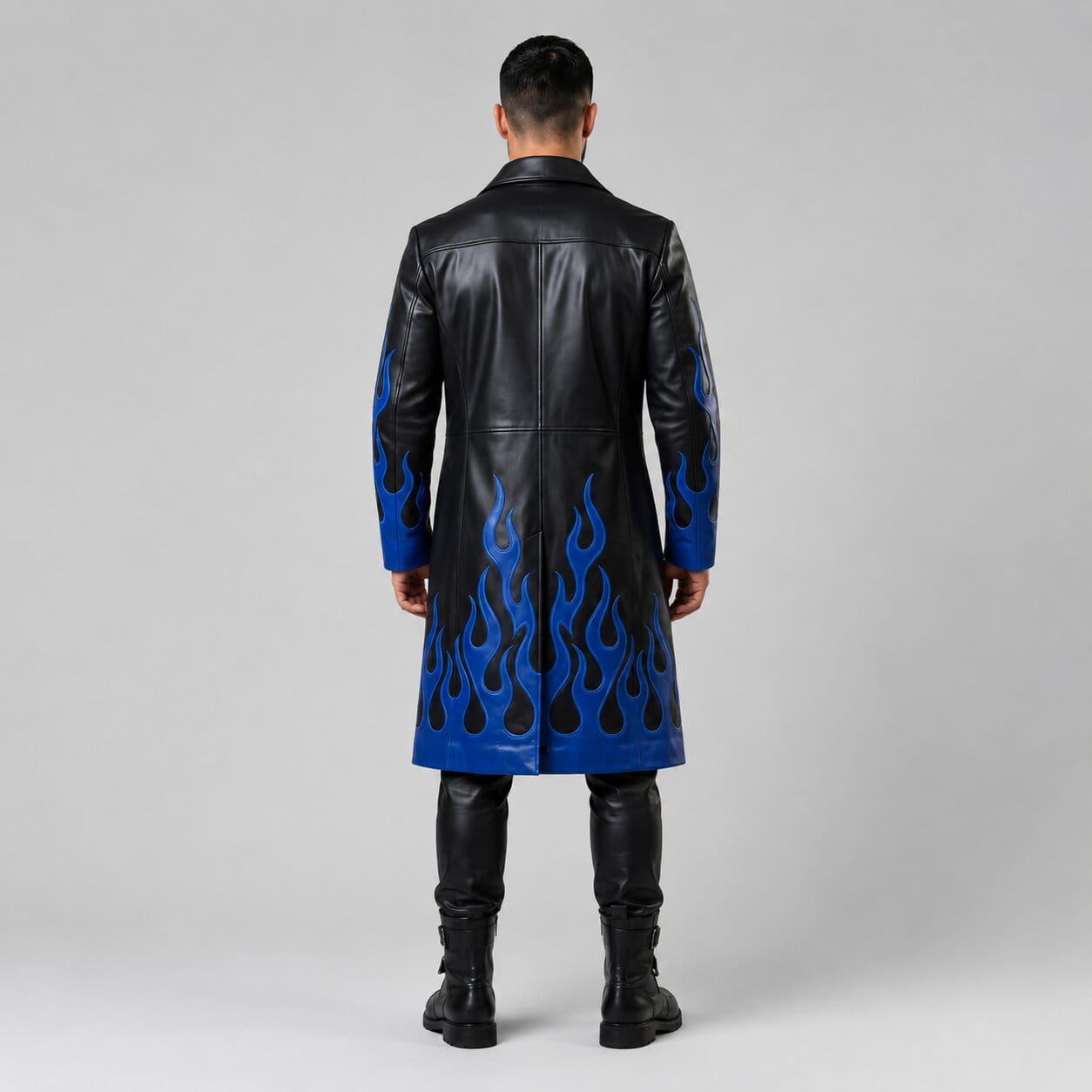 Men's Black Genuine Leather Gothic Trench Coat With Blue Flame Detail by avanzar  leather 
