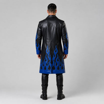 Men's Black Genuine Leather Gothic Trench Coat With Blue Flame Detail by avanzar  leather 