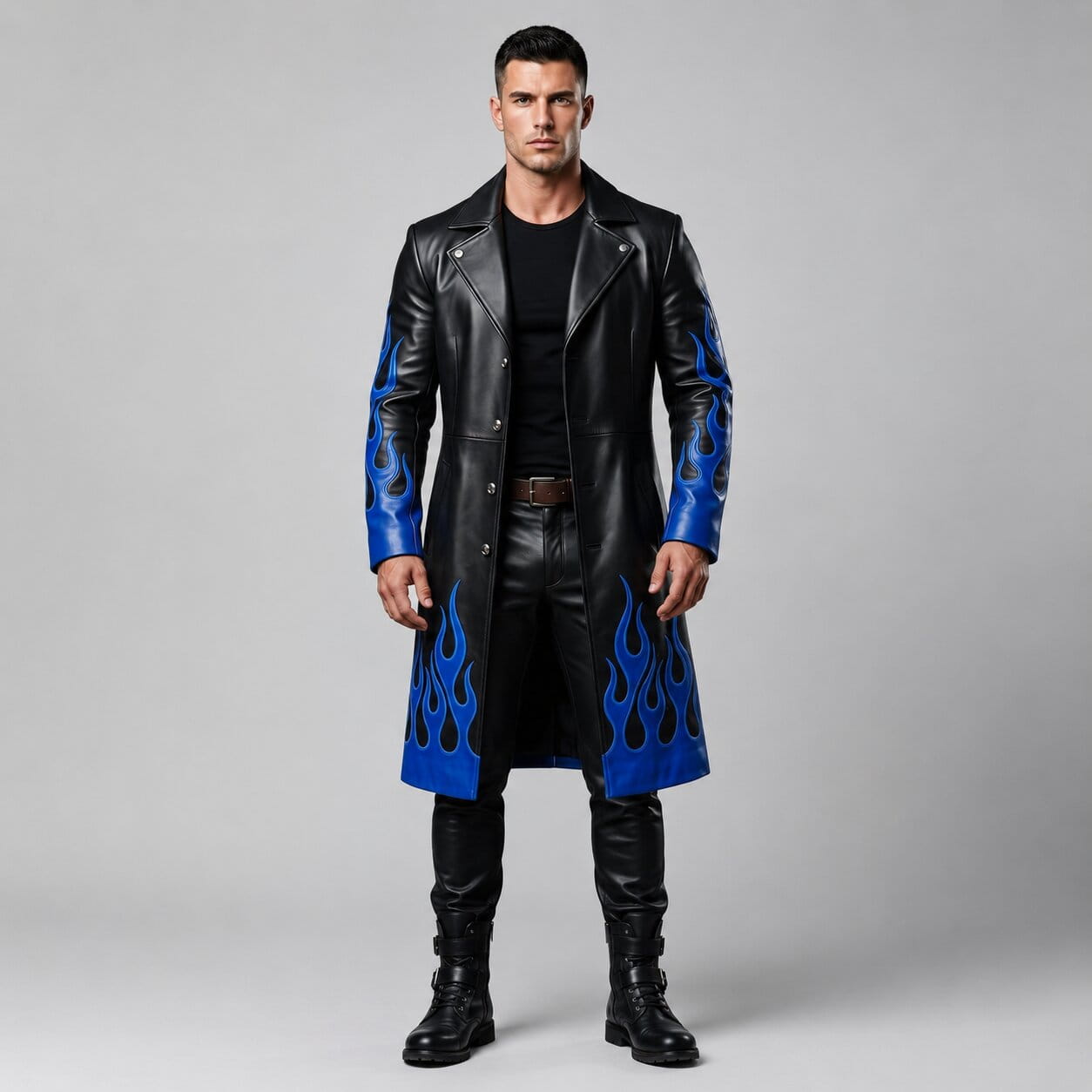 Men's Black Genuine Leather Gothic Trench Coat With Blue Flame Detail by avanzar  leather 