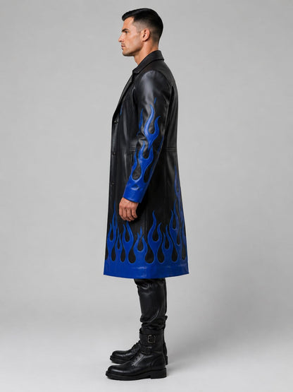 Men's Black Genuine Leather Gothic Trench Coat With Blue Flame Detail by avanzar  leather 