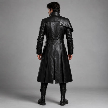 Men's Black Genuine Leather Trench Coat with Victorian Gothic Belted Steampunk Style by avanzar leather
