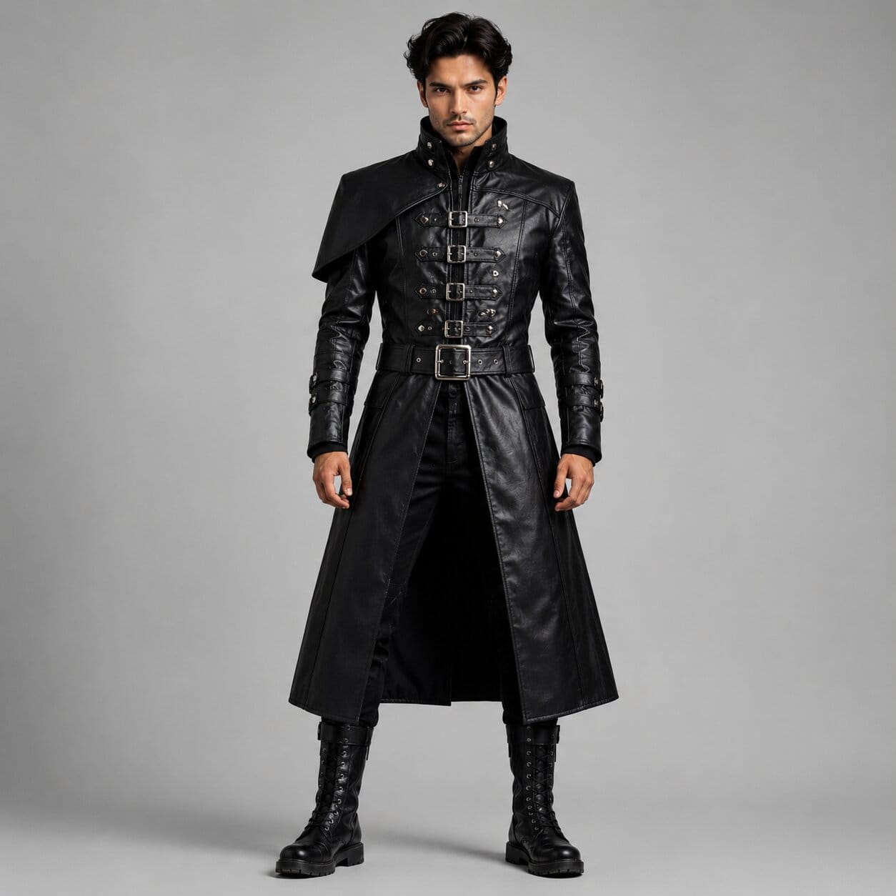 Men's Black Genuine Leather Trench Coat with Victorian Gothic Belted Steampunk Style by avanzar leather