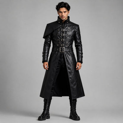 Men's Black Genuine Leather Trench Coat with Victorian Gothic Belted Steampunk Style by avanzar leather