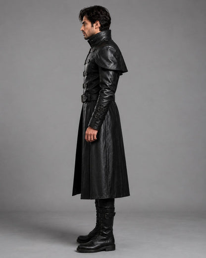 Men's Black Genuine Leather Trench Coat with Victorian Gothic Belted Steampunk Style by avanzar leather