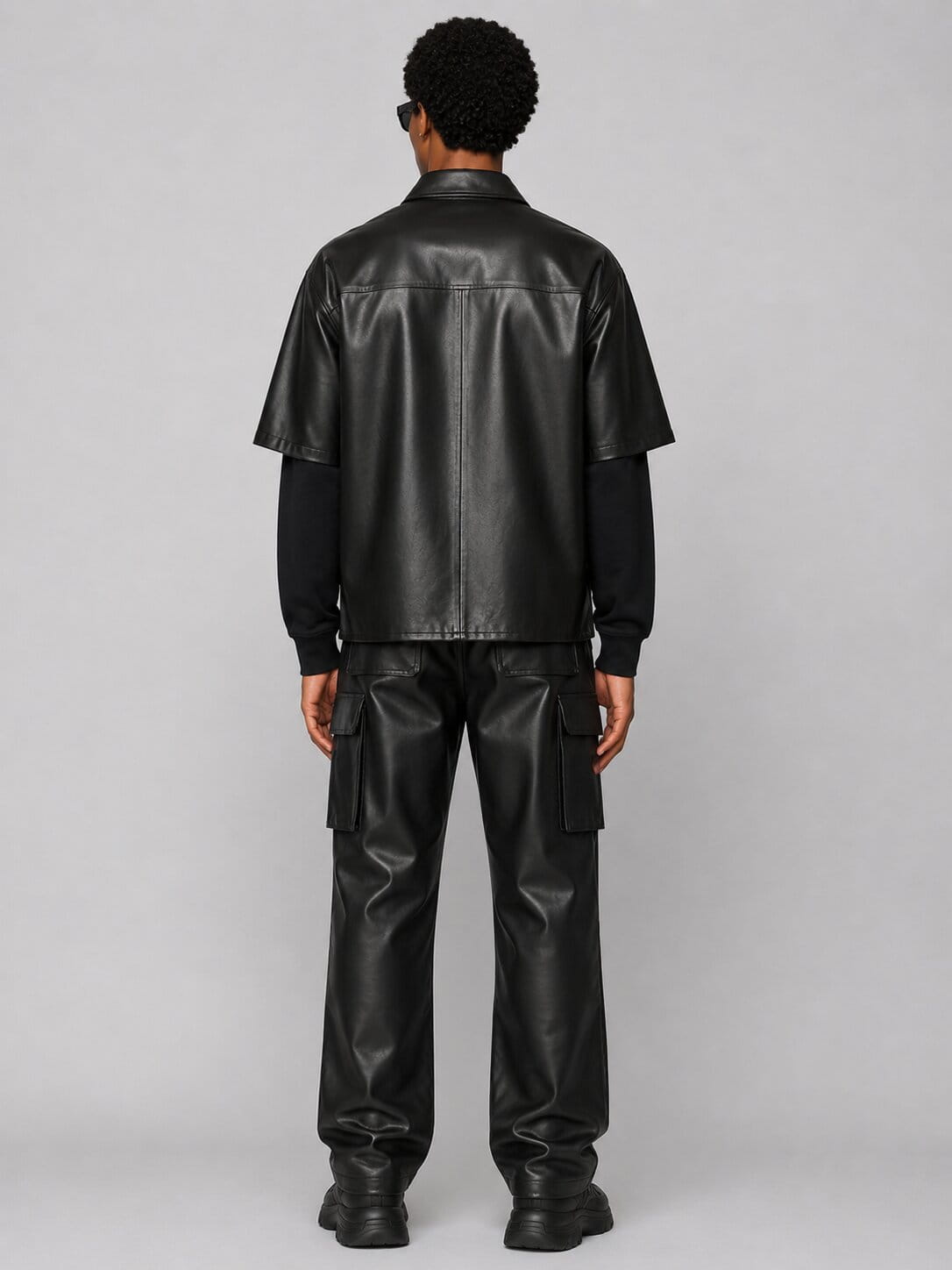 Men's Black Half Sleeve Leather Shirt - Modern Casual Style back view by avanzar leather