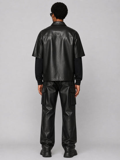 Men's Black Half Sleeve Leather Shirt - Modern Casual Style back view by avanzar leather
