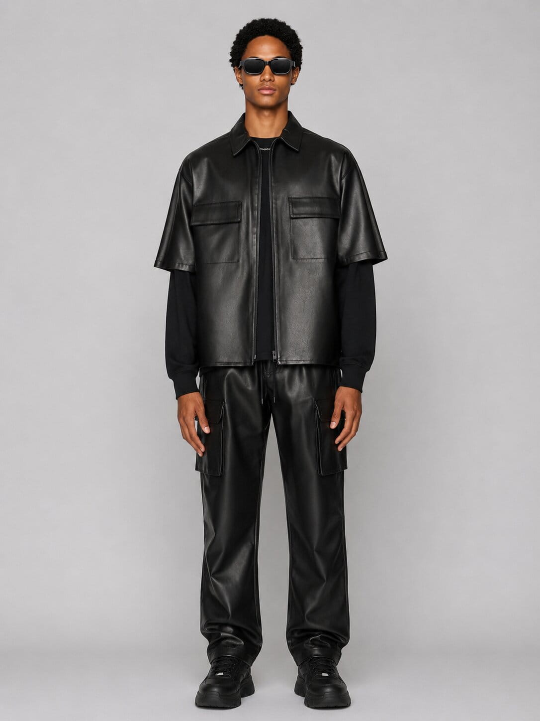 Men's Black Half Sleeve Leather Shirt - Modern Casual Style front view by avanzar leather