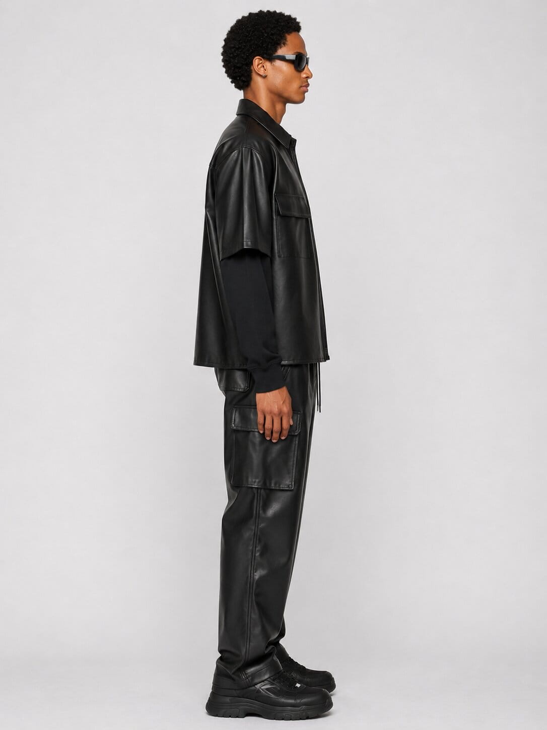 Men's Black Half Sleeve Leather Shirt - Modern Casual Style sid view by avanzar leather