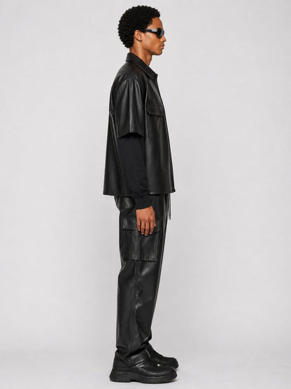 Men's Black Half Sleeve Leather Shirt - Modern Casual Style sid view by avanzar leather