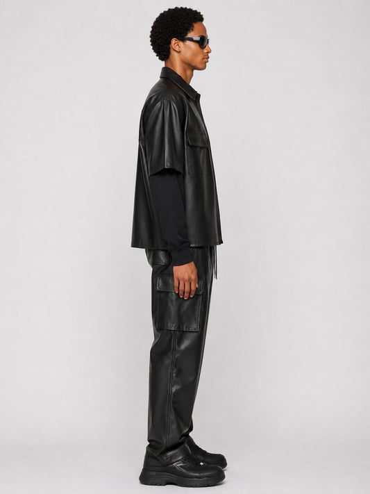 Men's Black Half Sleeve Leather Shirt - Modern Casual Style sid view by avanzar leather