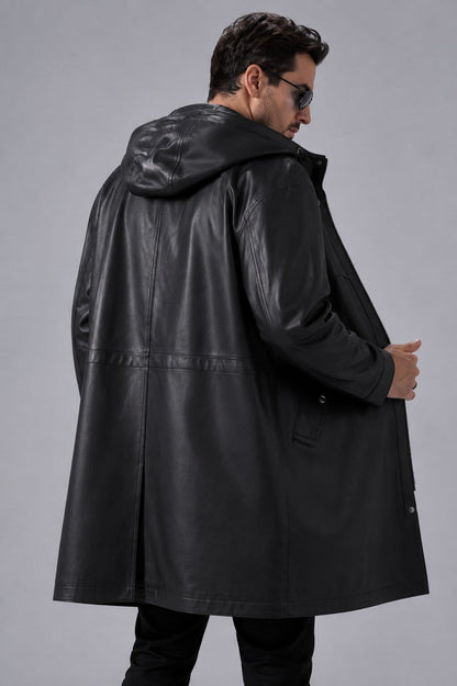 Men's Black Hooded Leather Coat - Sleek Mid-Length Design back view by avanzar leather