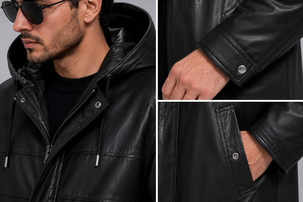 Men's Black Hooded Leather Coat - Sleek Mid-Length Design closeup view by avanzar leather