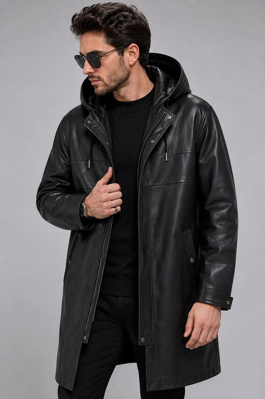 Men's Black Hooded Leather Coat - Sleek Mid-Length Design front view by avanzar leather