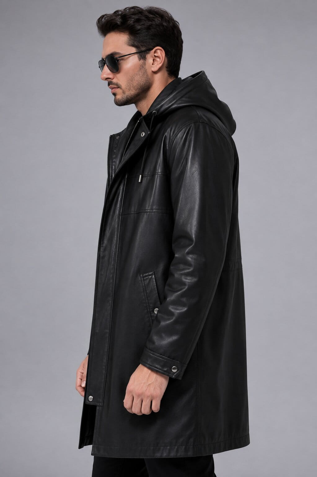 Men's Black Hooded Leather Coat - Sleek Mid-Length Design sid view by avanzar leather