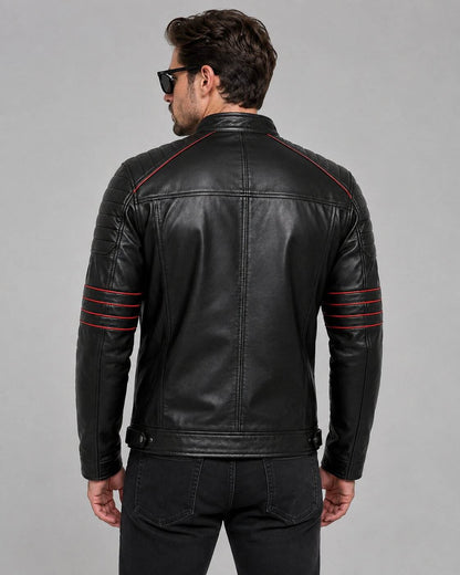 Men's Black Leather Biker Jacket with Red Accents | Motorcycle Style back view by avanzar leather