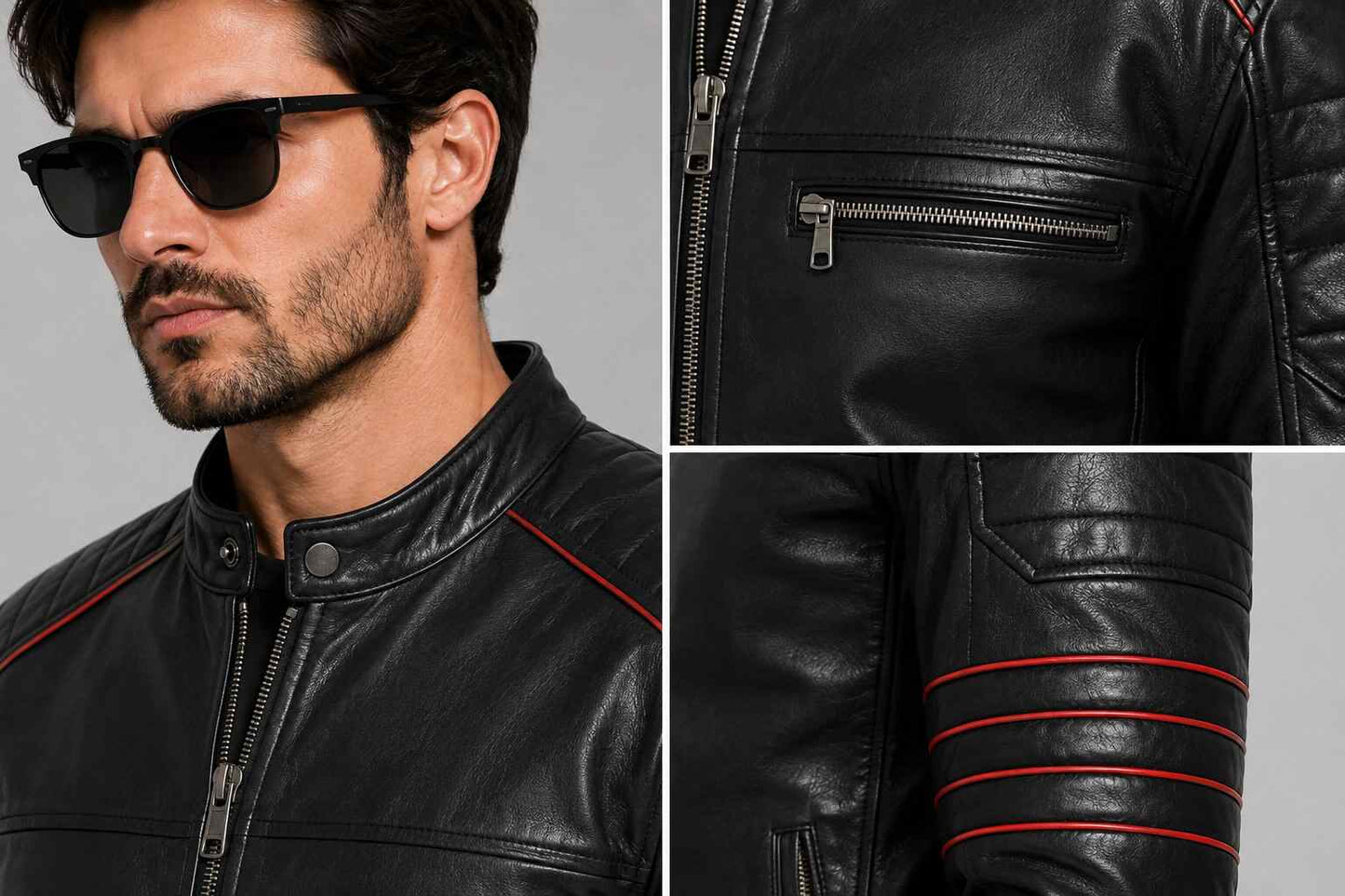 Men's Black Leather Biker Jacket with Red Accents | Motorcycle Style closeup view by avanzar leather