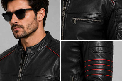 Men's Black Leather Biker Jacket with Red Accents | Motorcycle Style closeup view by avanzar leather